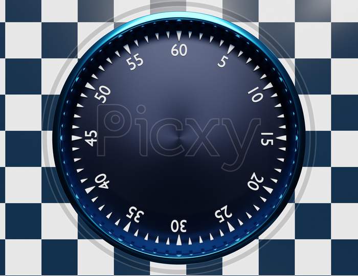 3D Illustration  Of  Black  Round Clock, Stopwatch On A Black And White Checkered  Background. Stopwatch Icon, Logo. Chronometer, Vintage Timer