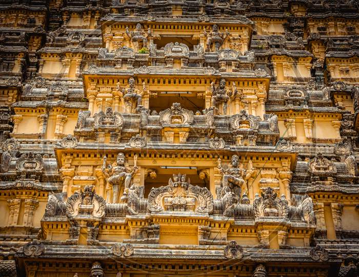Entrance tower ( Gopuram) of Ekambareswarar Temple, Earth Linga Kanchipuram, Tamil Nadu, South India - Religion and Worship scenario image. The Famous Hindu God Temple, Indias Best Tourism Place