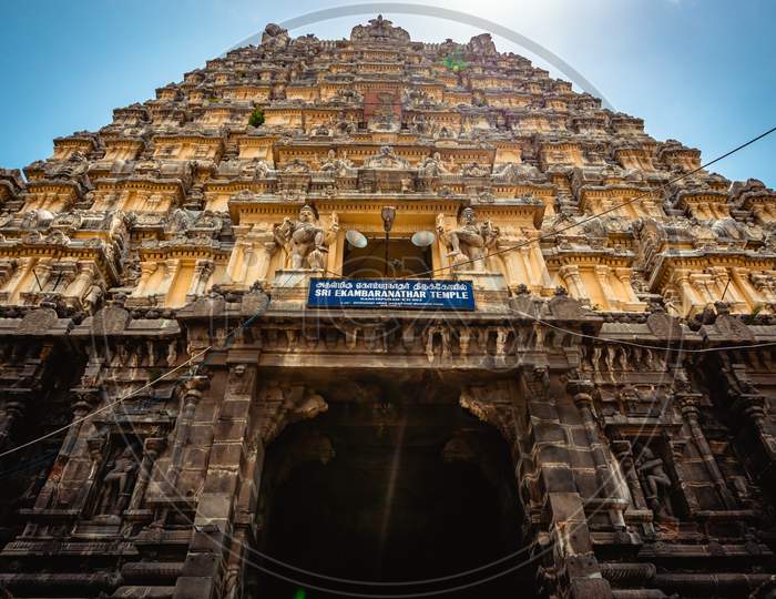 Entrance tower ( Gopuram) of Ekambareswarar Temple, Earth Linga Kanchipuram, Tamil Nadu, South India - Religion and Worship scenario image. The Famous Hindu God Temple, Indias Best Tourism Place