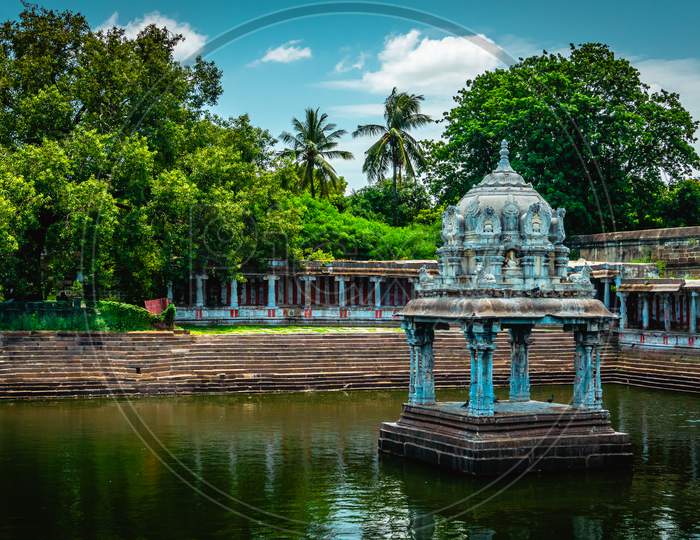 The Great Pond of Ekambareswarar Temple, Earth Linga Kanchipuram, Tamil Nadu, South India - Religion and Worship scenario image. The Famous Hindu God Temple, Indias Best Tourism Place
