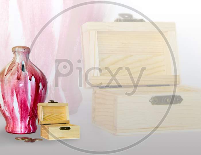 Pink Color Piggy Bank Or Coin Bank And Wooden Money Box