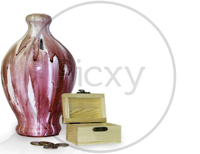 Money Container, Coins And Wooden Box In White Background