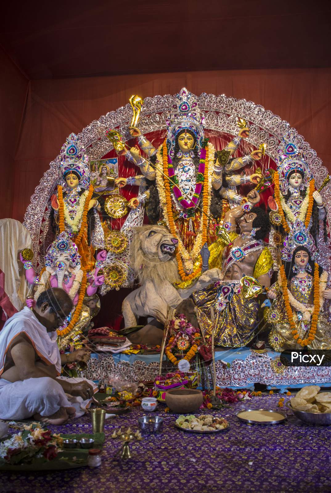 Goddess Durga Idol In A Pandal. Durga Puja One Of The Most Important Worldwide Hindu Festival Specially For Bengalies.