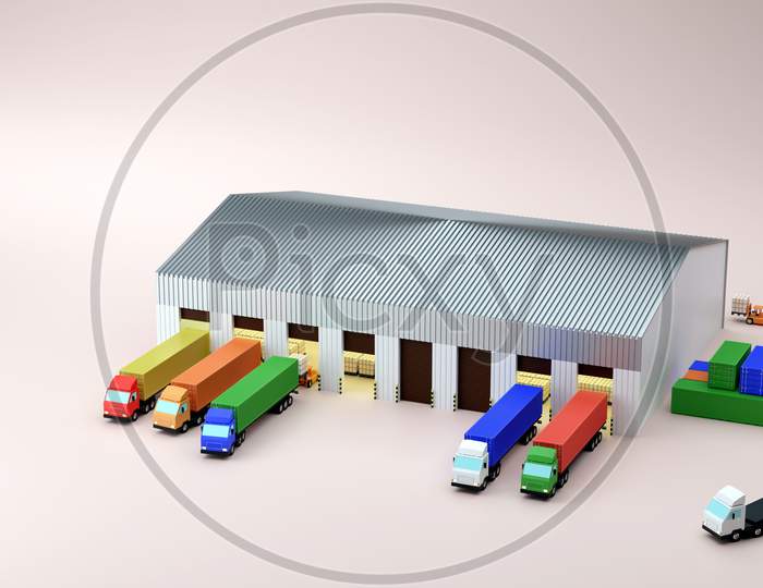 Container Truck Park To Loading Goods At Storehouse 3D Render Illustration