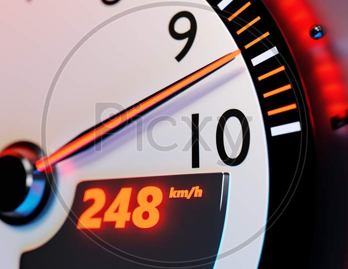 3D Illustration Of The New Car Interior Details. Speedometer Shows A Maximum Speed Of 248 Km  H, Tachometer With Red Backlight. Design And Interior Of A Modern Car.