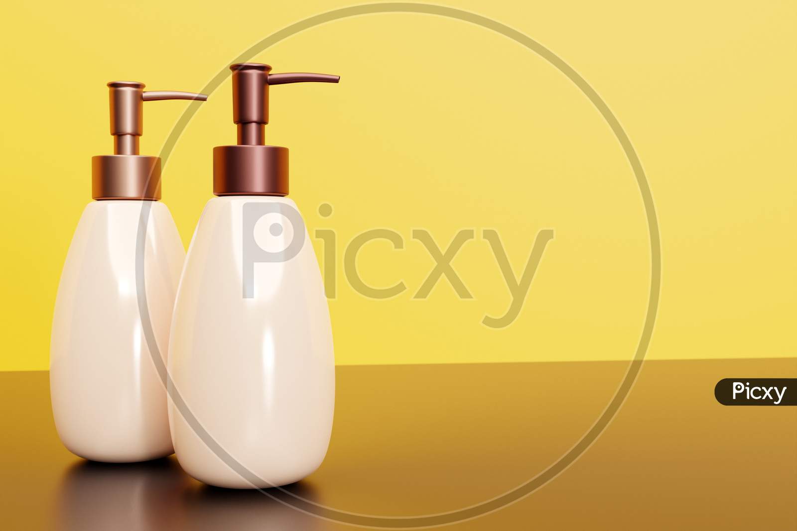 Two White Cosmetic Bottle Dispenser Pump With Oval Container From Closeup Angle. 3D Illustration Isolated On Yellow Background.