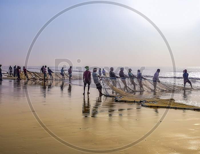 Fishermen Cathing Fish In Early Morning Time After Whole Night Fight Coming Shore Back To Home From The Oumb Of Ocean Everyday Life Style And Fight Of Life For The Livings.Digha India. Asia.
