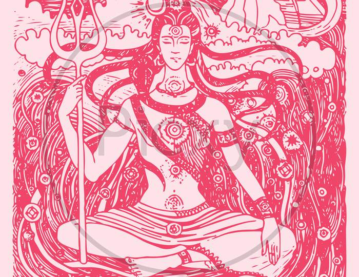 Sketch of Lord Shiva and symbols outline editable illustration
