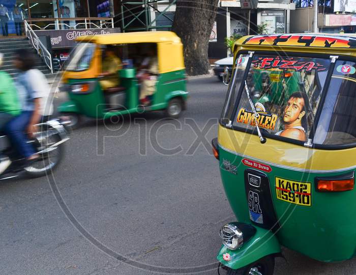 Bollywood stickers on autorickshaw