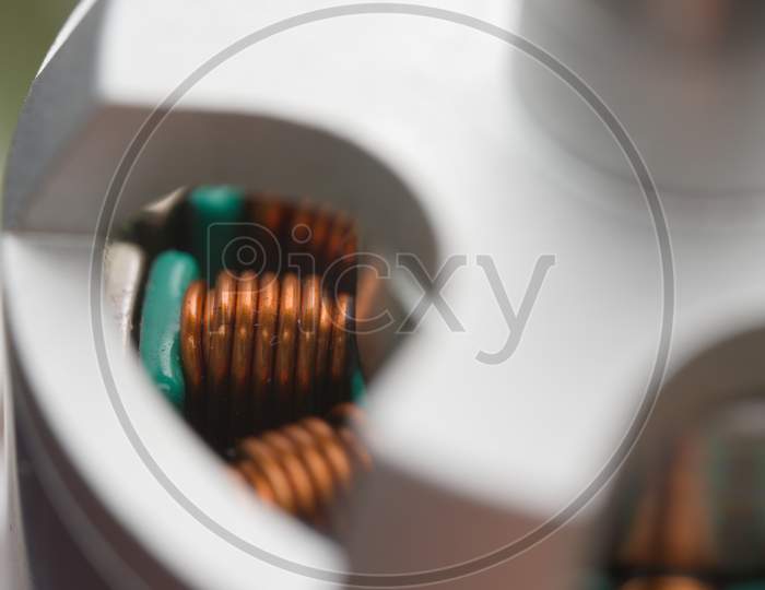 Close Up Of Copper Magnet Coils Of Metal Brushless Drone Motor.