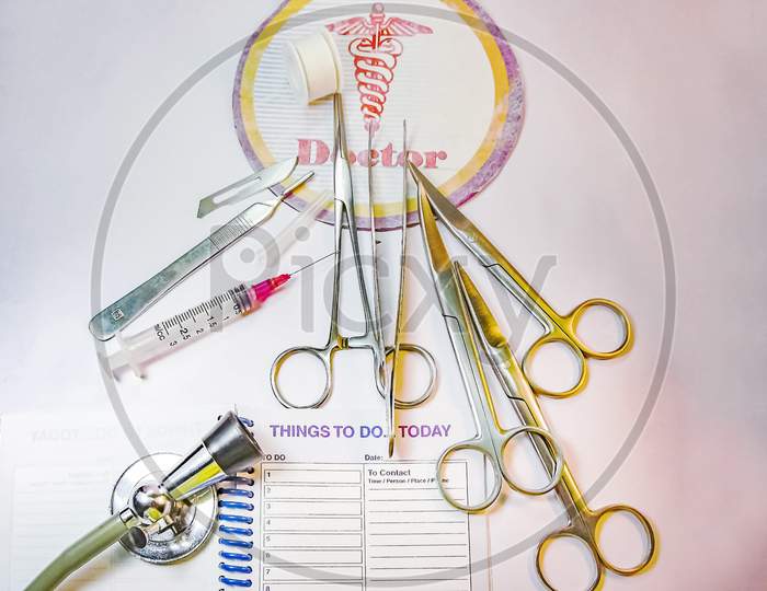 Instruments Of Basic Surgery On The Table.