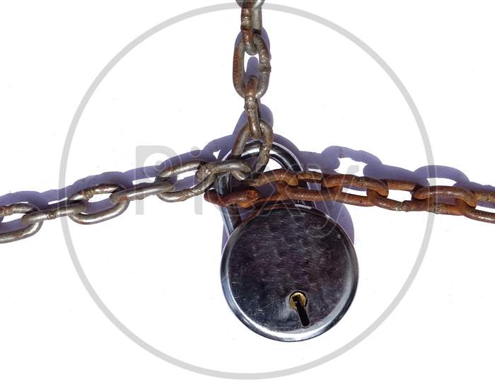 The old chain and padlock on white background