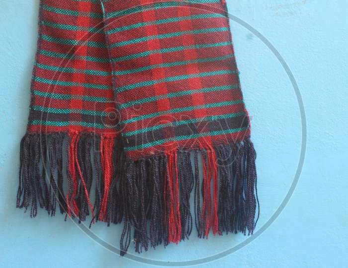 Beautiful handmade red and dark blue scarf