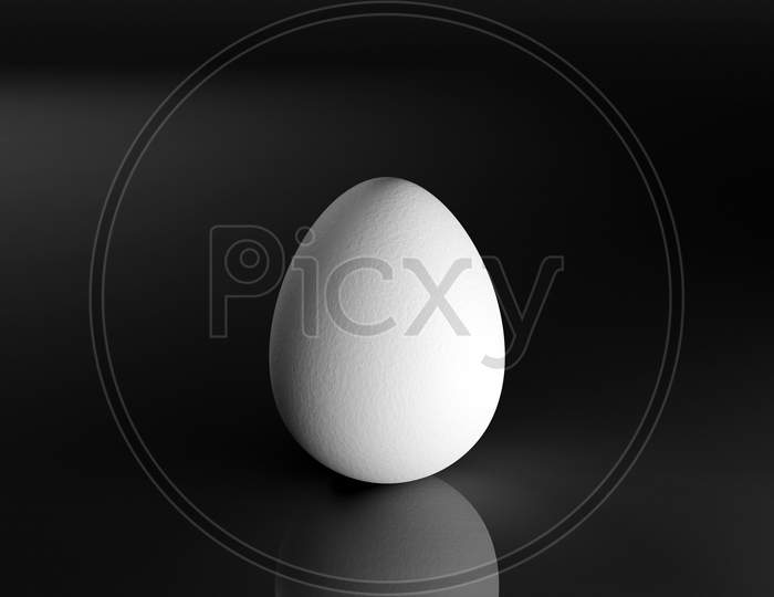 3D Illustration, Close-Up Of White Chicken Egg On Black Background