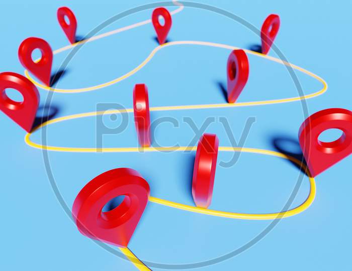 3D Illustration Of Marking Geolacation With A Red Winding Route Navigation Markers On A Blue Map
