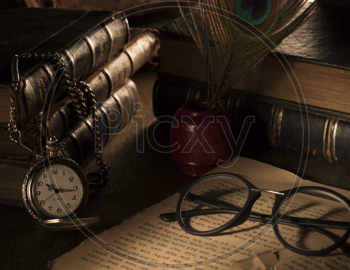 Time watch, books, eye glass, vintage, retro