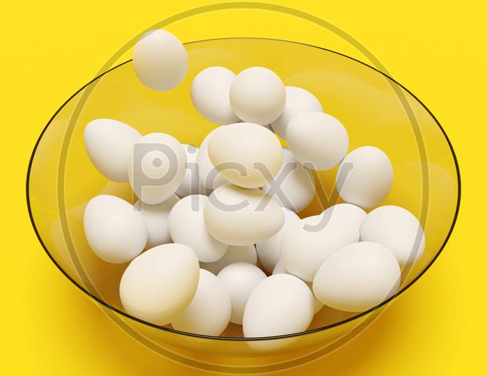3D Illustration, Close-Up Of A Transparent Plate With White Chicken Eggs On A Yellow Background