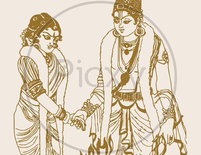 Sketch Of Goddess Lakshmi And Lord Venkateshwara Marriage Outline Editable Illustration
