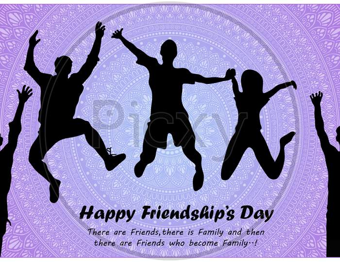 Happy Friendship Day Illustration Poster Design.Friends Jumping With Quote And Mandala In Background