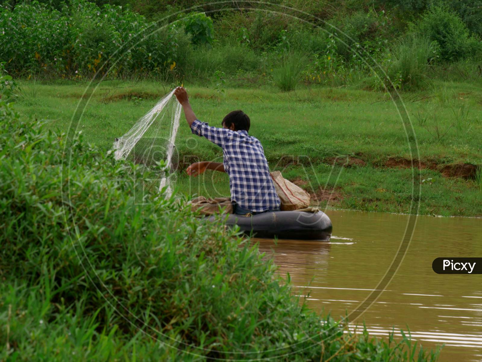 Asian Village Fisher Man Catching Fishes From Filter Net At Lake Side.