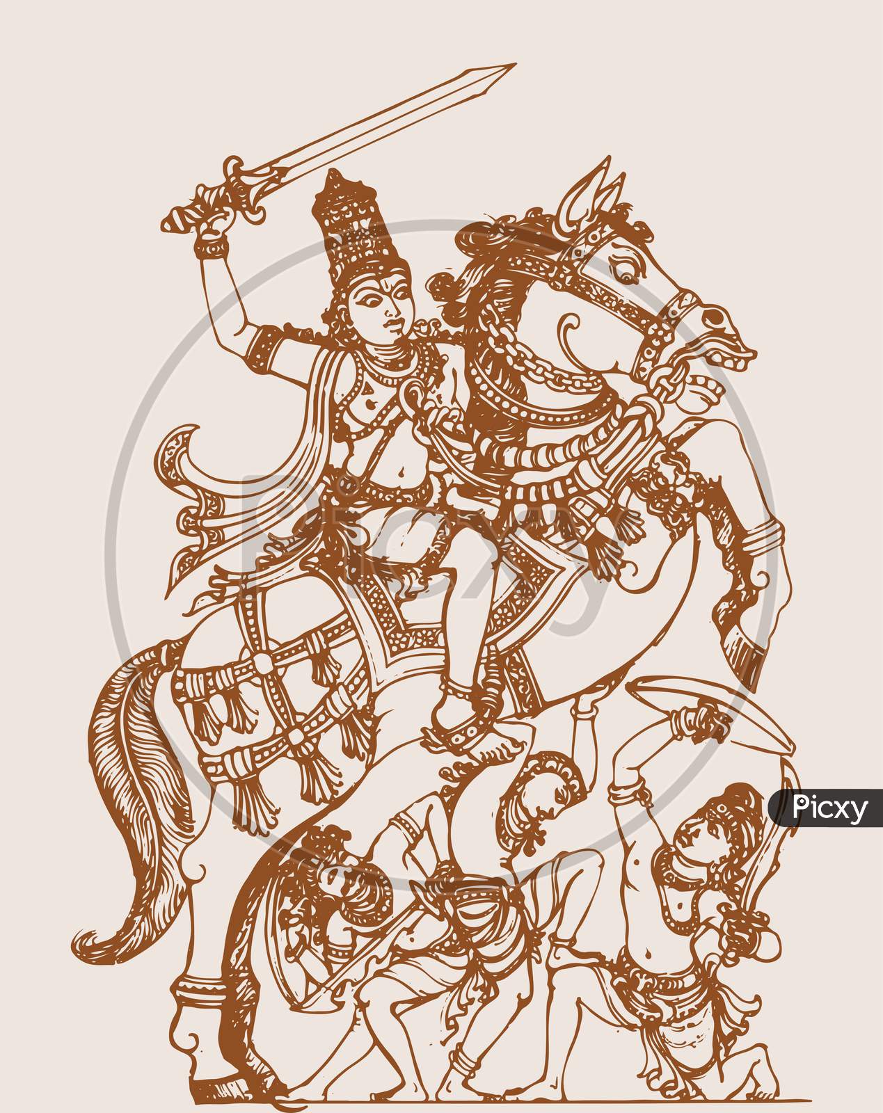 Lord Kalki on his horse Devadatta with sword in hand (wc on paper)
