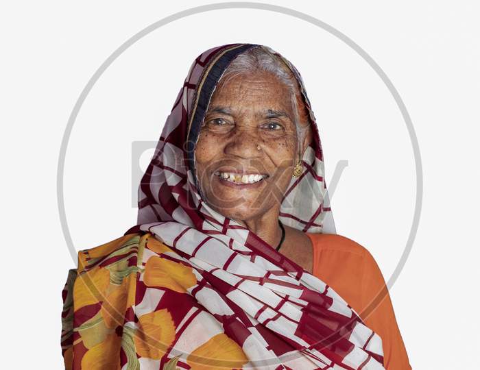 Portrait Of An Old Woman, Senior Indian Woman In Saree. Grandmother