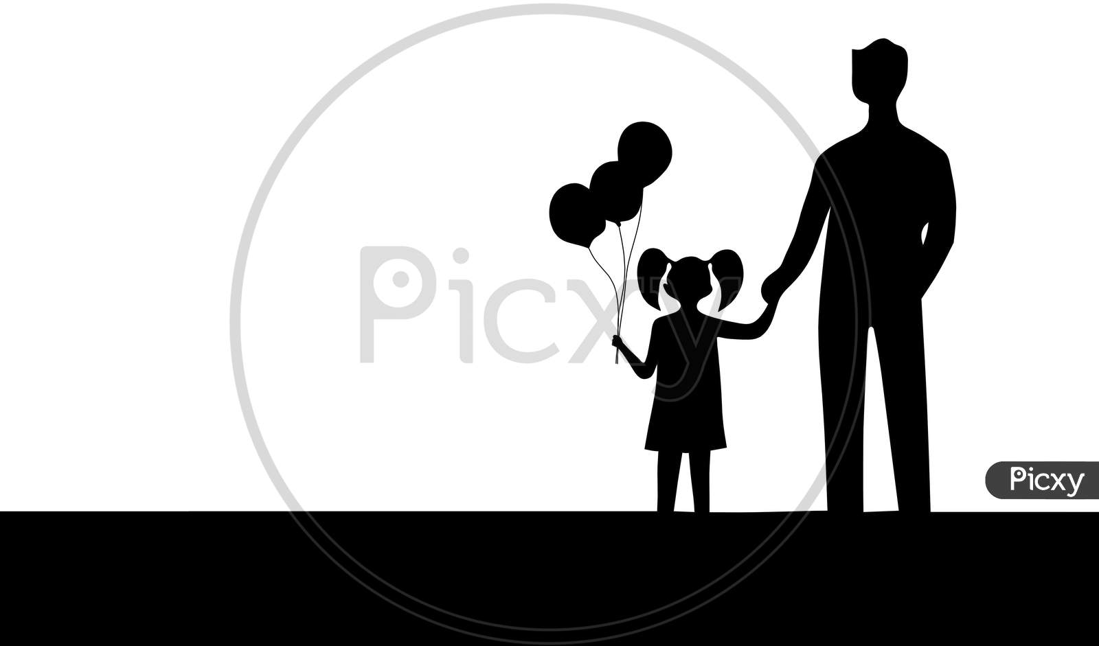Father Holding His Daughter Hands With Balloon With White Background .Concept Father And Daughters Love