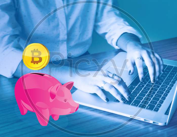 Piggy Bank With Golden Bitcoin