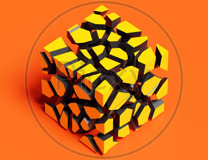 3D Rendering Of A Volumetric Shape Of A Cube. The Geometry Of Shapes That Are Broken Down Into Small Pieces. Random Shapes.