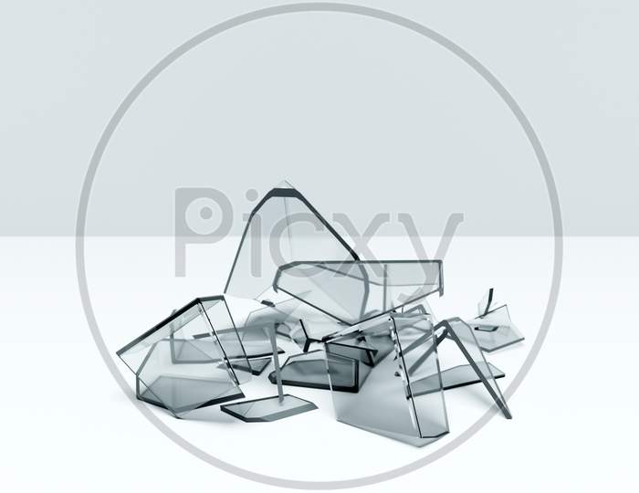 3D Illustration Of A Transparent Broken Cube With Huge Shards On A White Background. The Geometry Of Shapes That Are Broken Down Into Small Pieces. Random Shapes.