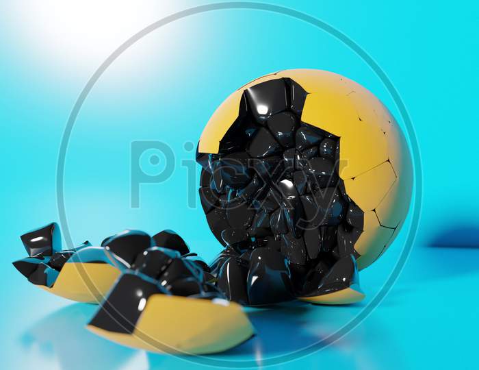 3D Rendering Of A Volumetric Shape Of A Ball. The Geometry Of Shapes That Are Broken Down Into Small Pieces. Random Shapes.