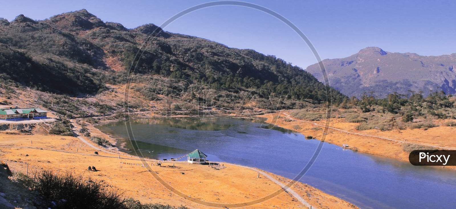 panoramic view of PT tso or penga teng tso lake with scenic landscape and alpine valley in tawang district of arunachal pradesh, north east india