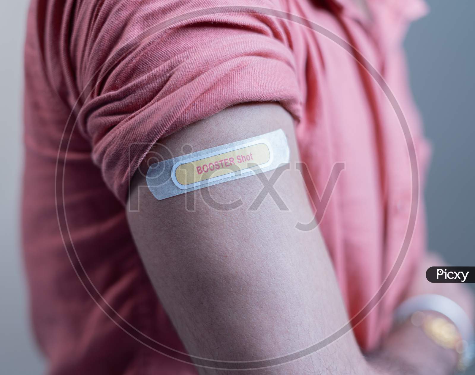 Covid-19 Or Coronavirus Vaccinated Shoulder With Booster Shot Sticker - Concept Of Coronavirus 3Rd Dose Vaccination.