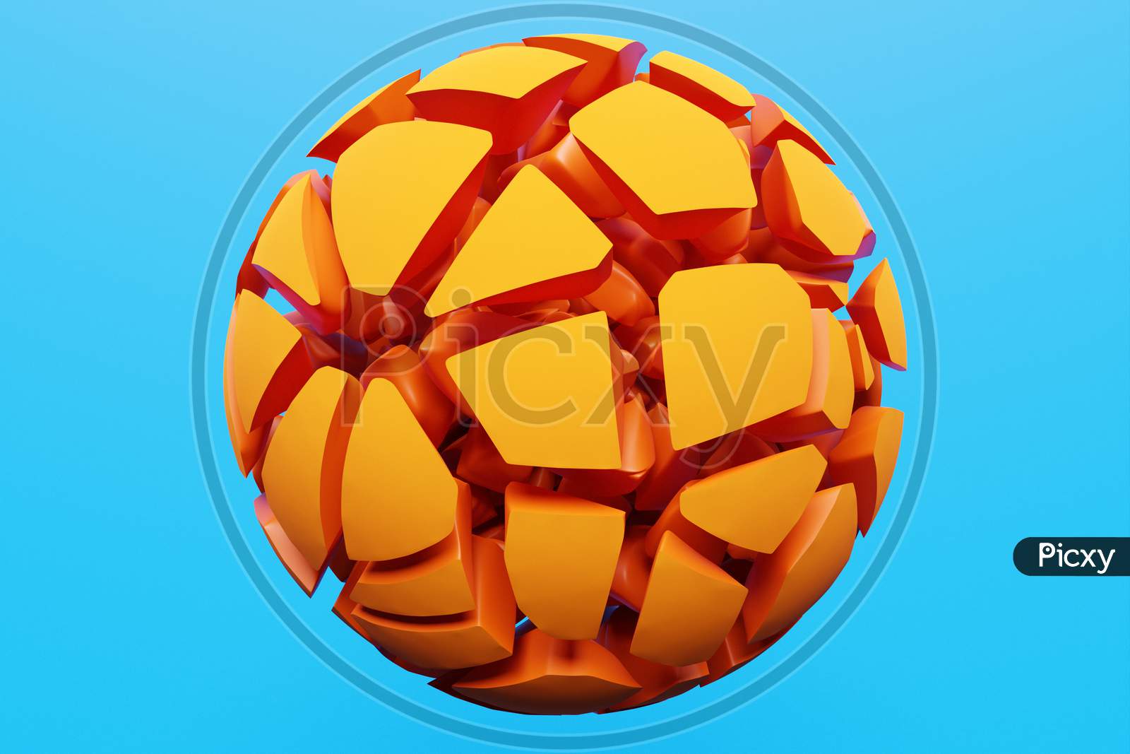 3D Rendering Of A Volumetric Shape Of A Ball. The Geometry Of Shapes That Are Broken Down Into Small Pieces. Random Shapes.
