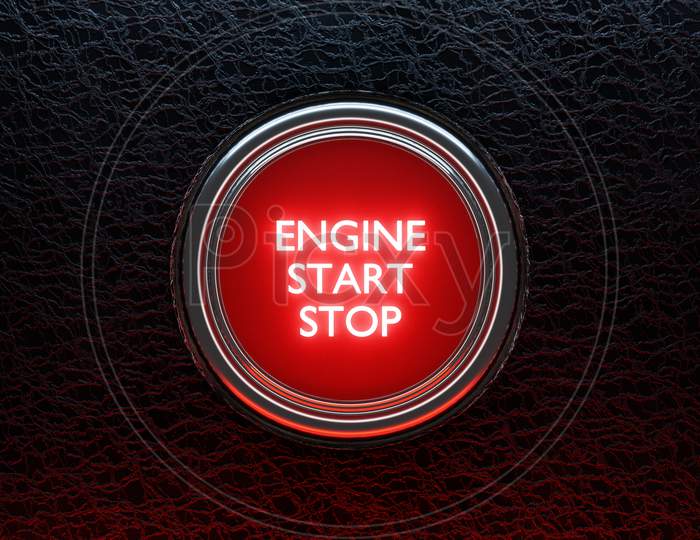 3D Illustarion Car Engine Push Start Stop Button Ignition Remote Starter. Car Dashboard