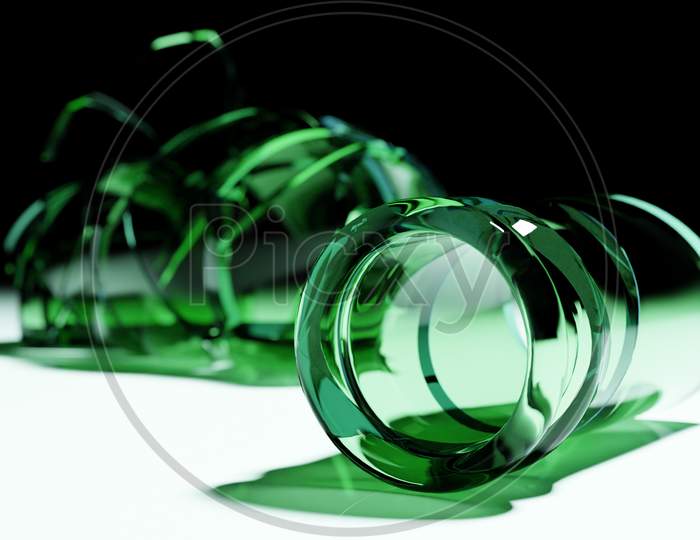 3D Render Broken Glass Realistic Green  Beer Bottle  Mock Up, 3D Illustration Graphic Design.