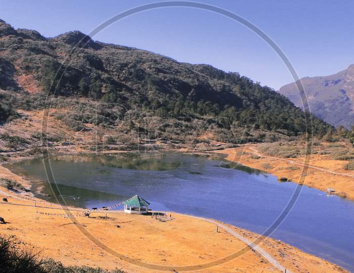 panoramic view of PT tso or penga teng tso lake with scenic landscape and alpine valley in tawang district of arunachal pradesh, north east india