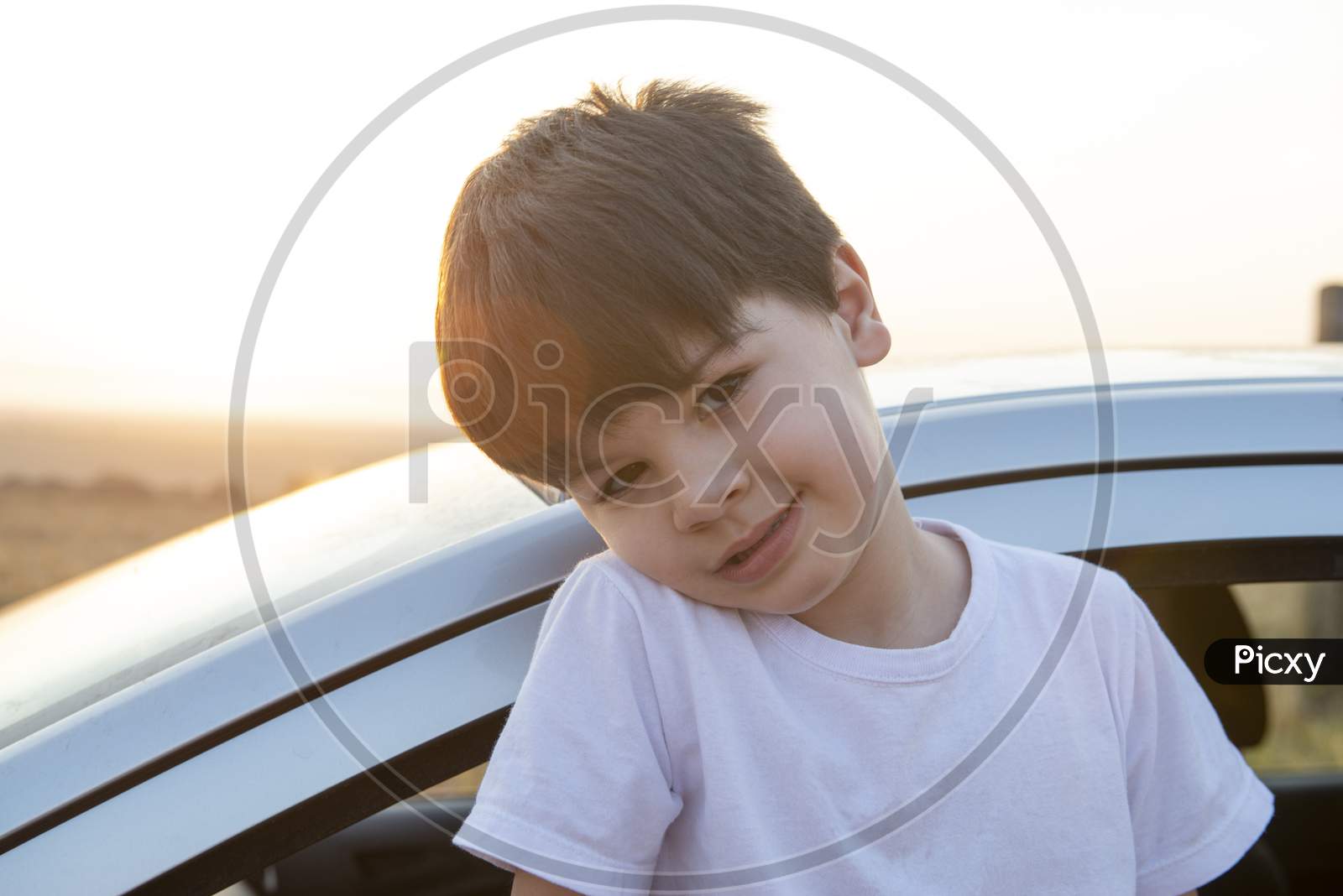 Closeup Of Charming Caucasian Boy With Shy Smile With His Body Out Of The Car