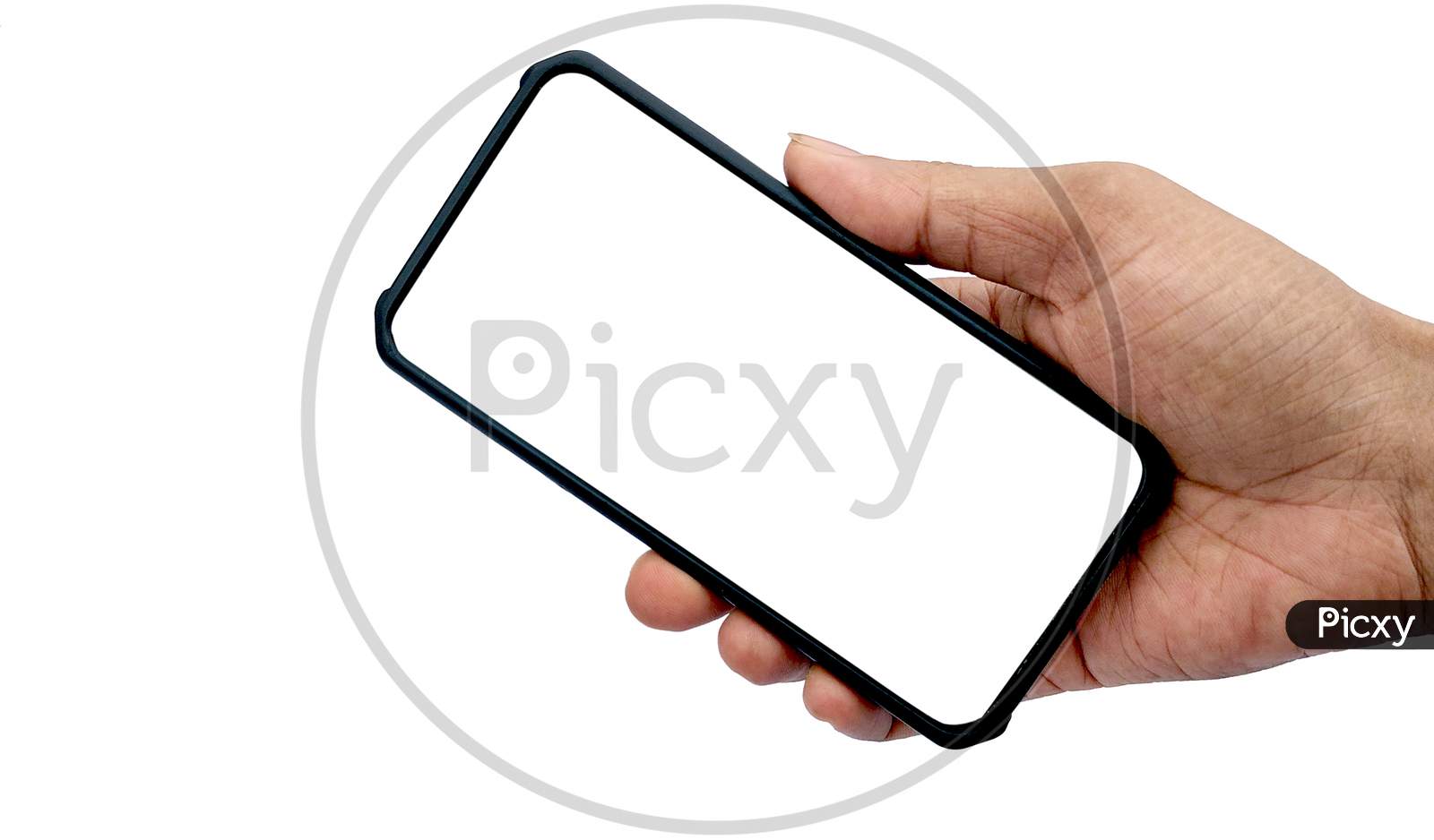 Man Holding Smartphone With Blank Screen On White Background, Closeup Of Hand. Space For Text