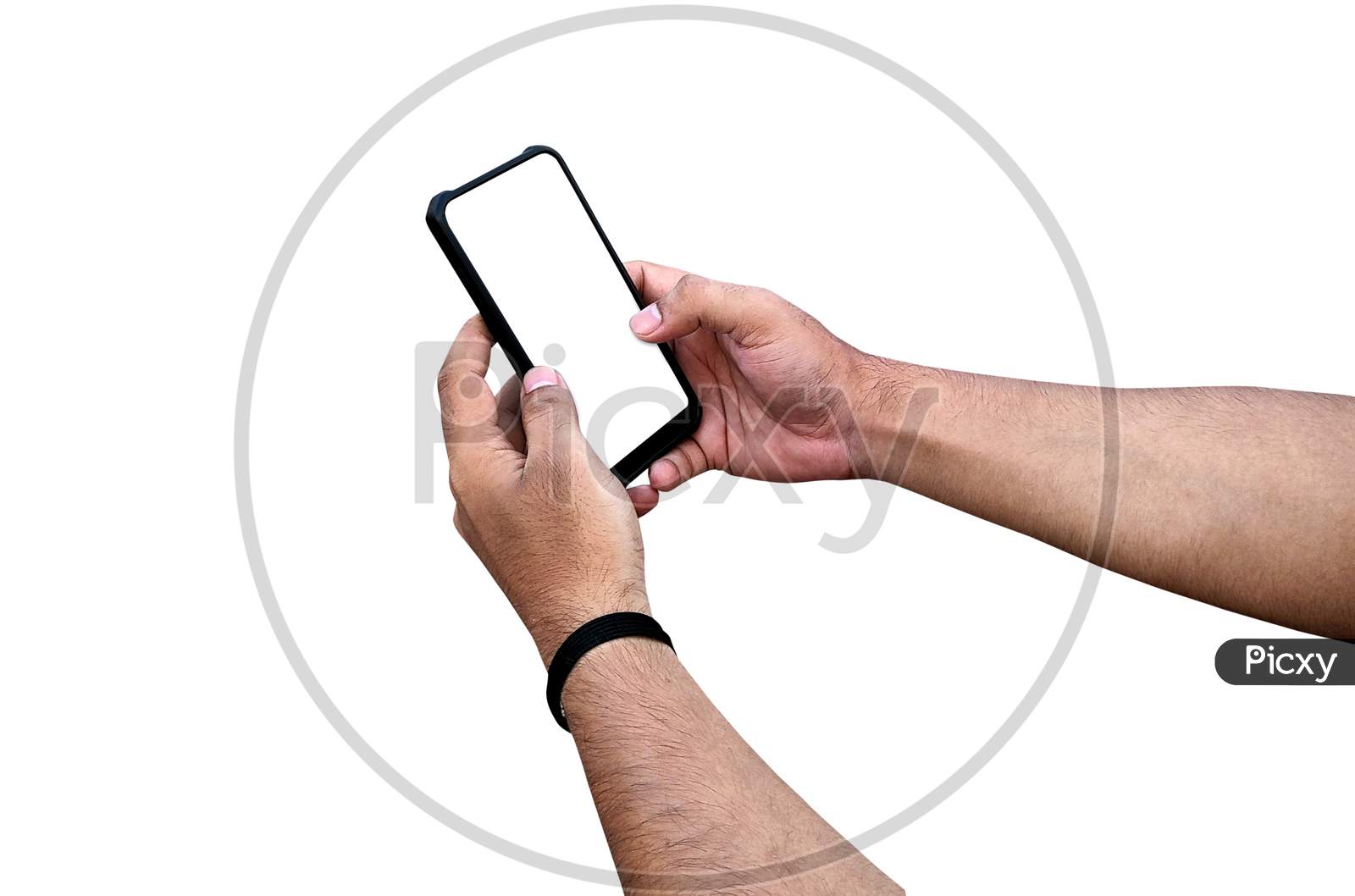 Man Holding Smartphone With Blank Screen On White Background, Closeup Of Hand. Space For Text
