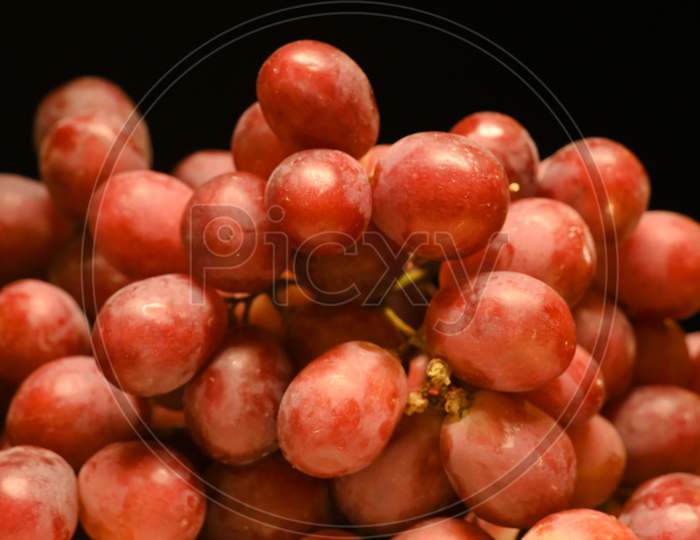 Ripe Red Grape. Pink Bunch With Black Background.