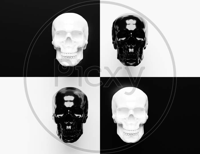 Set Of Pop Art Black And White Skulls 3D Illustration In Front. Pop Art Graphic Illustration Of Skull