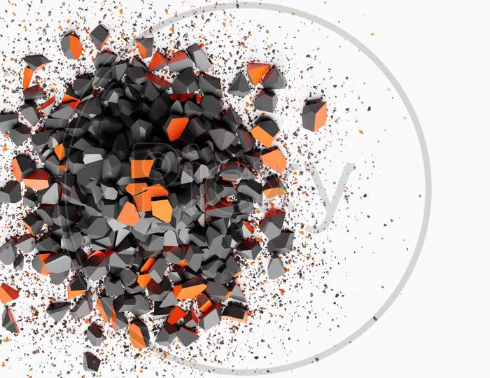 3D Illustration Of A Small Explosion Of Stone Fragments. Broken Shape Is Flying In Different Directions.