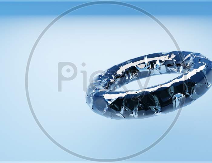 3D Illustration Of  Transparent Glass Ring On A Blue Background. Geometric Shapes In The Form Of A Ring In The Symbol Of Infinity.