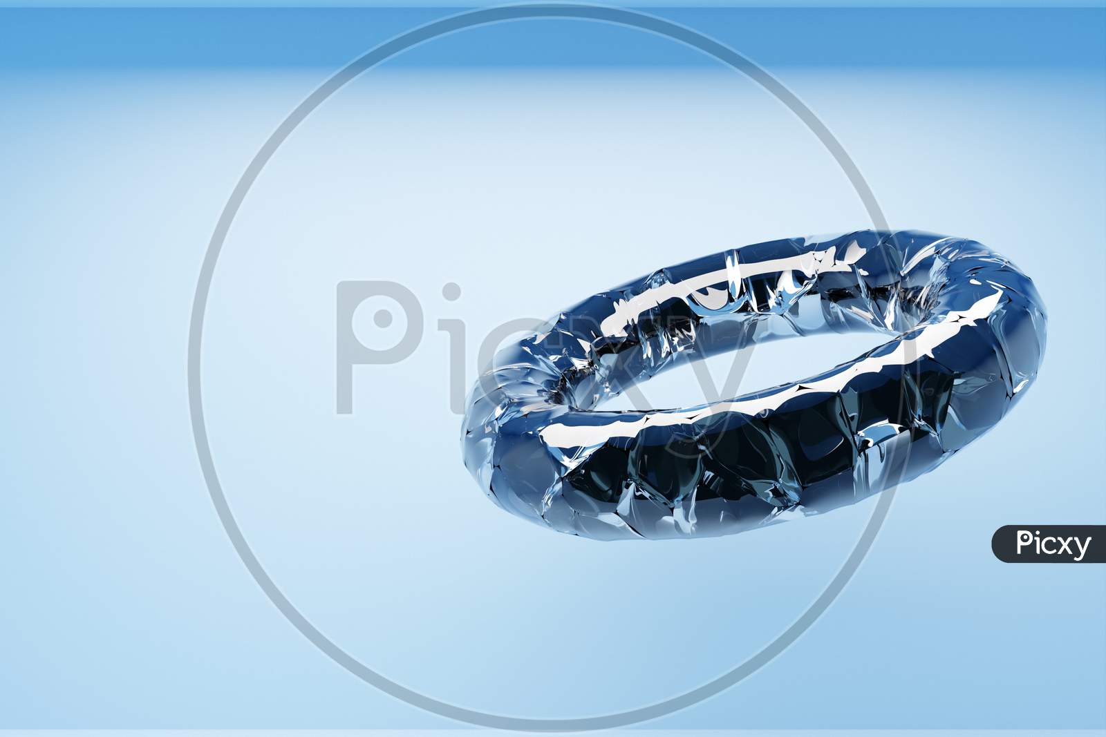 3D Illustration Of  Transparent Glass Ring On A Blue Background. Geometric Shapes In The Form Of A Ring In The Symbol Of Infinity.