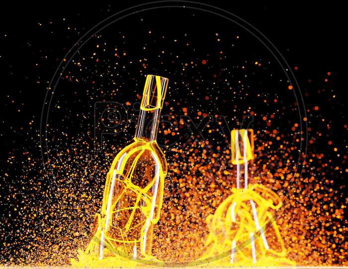 3D Render Of A Broken  Yellow Lighting Wine A Bottles With Many Fragments Flying In Different Directions   On A Black Background.