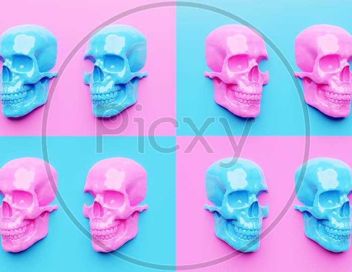 Set Of Pop Art Blue And Pink Skulls 3D Illustration In Front. Pop Art Graphic Illustration Of Skull