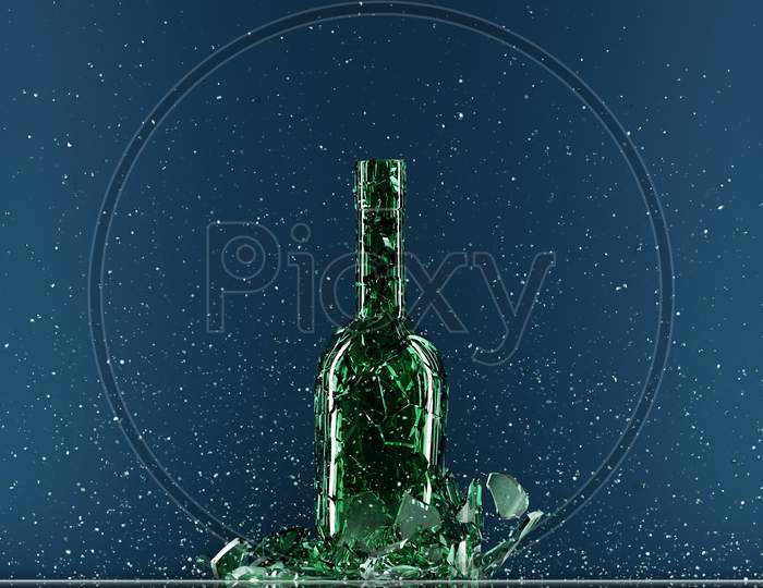 Broken Bottle Isolated On Blue Background. 3D Illustration