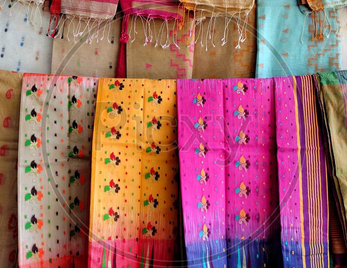 Indian woman dress. sari Or saree in display of retail stores