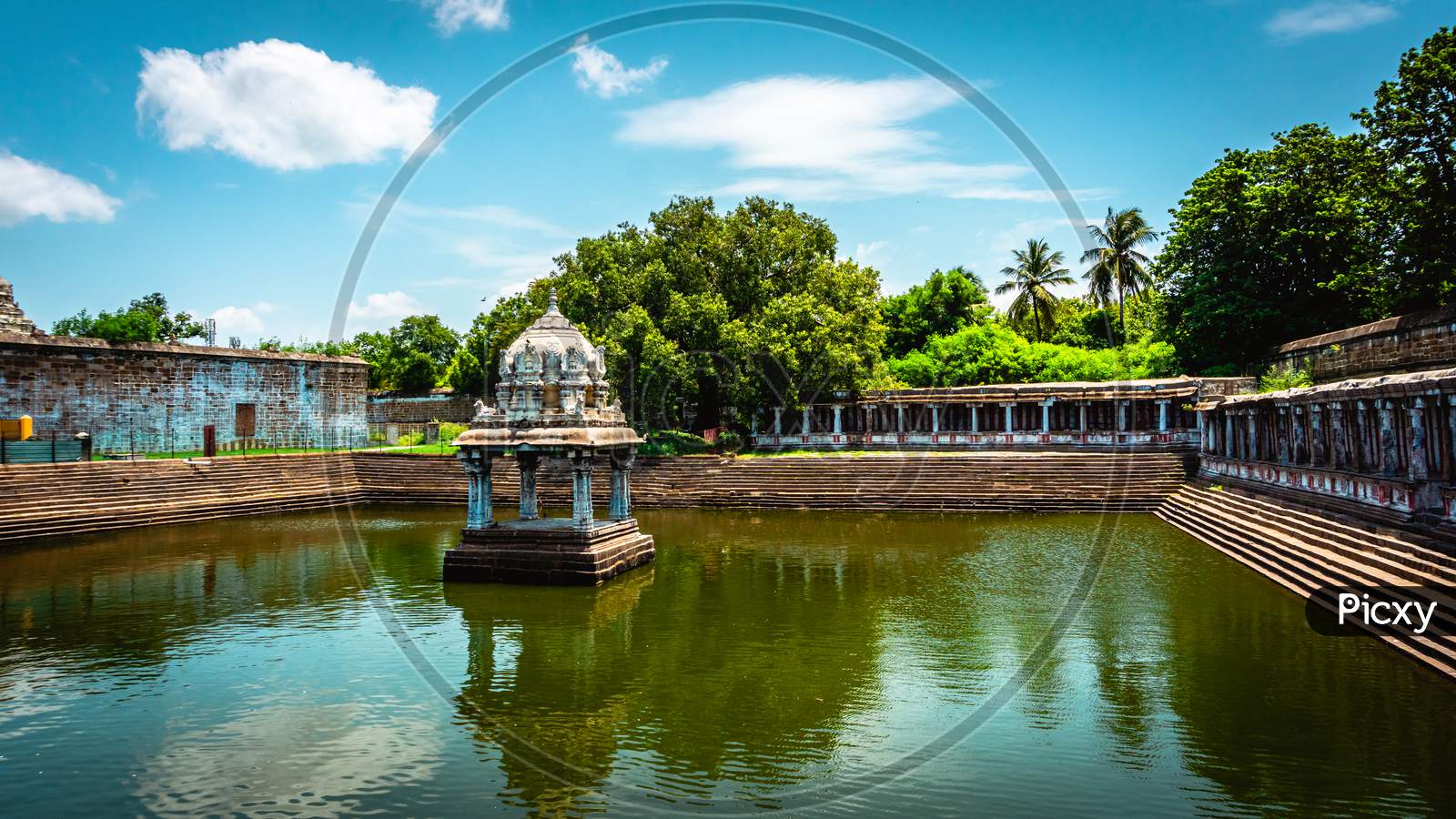 The Great Pond of Ekambareswarar Temple, Earth Linga Kanchipuram, Tamil Nadu, South India - Religion and Worship scenario image. The Famous Hindu God Temple, Indias Best Tourism Place